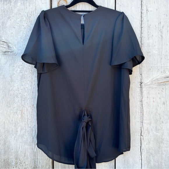 Badgley Mischka black ruffle short sleeve bowtie sash layered lined flowy blouse - Picture 4 of 15